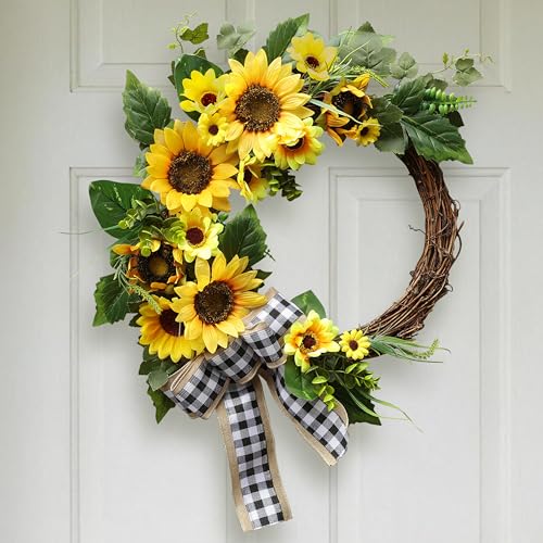 20 Inch Sunflower Spring Summer Wreath for Front Door Artificial Sunflower Wreath with Green Leaves Modern Farmhouse Wall Wedding Home Indoor Outdoor Decor