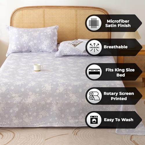 Image of Story@Home King Size Bedsheet | Air Cotton Flatsheet King Size with Two Pillow Covers| 240 TC | Super Soft Bed Sheet for King Size Bed | Floral Design (270 x 250 cm, Grey & White)