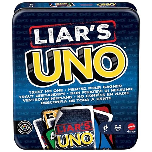 Liar's UNO è pensato per i giocatori dai 7 anni in su ed è un regalo divertente per gli appassionati di giochi di carte più furbetti!