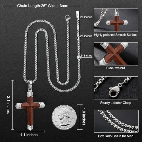Image of Wooden Cross Necklace for Men with Stainless Steel Adjustable Chain 24-26in, Christian Wood Crucifix Pendant Gift for Him