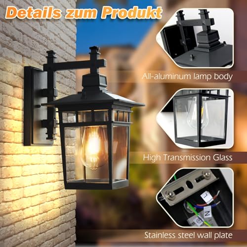 Wandleuchte aussen, Außenwandleuchten mit Klarglas, IP44 Wasserdicht, Retro E27, Außenlampen Beleuchtung Außenwandleuchte Verandaleuchten (Schwarz) – Bild 6