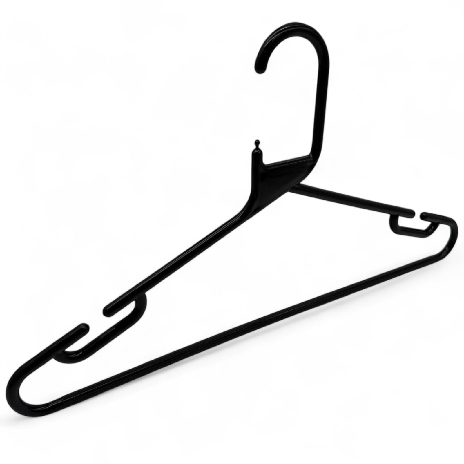 10x Black Heavy Duty Plastic Clothes Hangers 41.5cm with Trouser Bar, Shoulder Notches, Anti-Slip Bobbles, Slim 8mm Profile, Space Saving Wardrobe and Retail Garment Storage