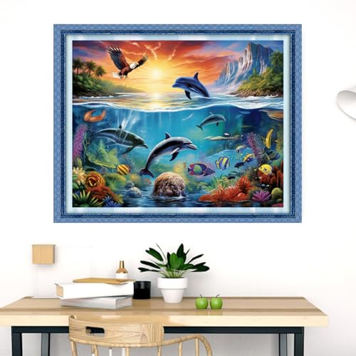 Image of Dooxvey Cross Stitch Kits for Adults Stamped Full Range of Embroidery Starter Kits for Beginners 11CT Printed Cross Stitch Patterns Needlepoint Kits Stamped Crossstitch-Dolphin Scenery 16x20 inch