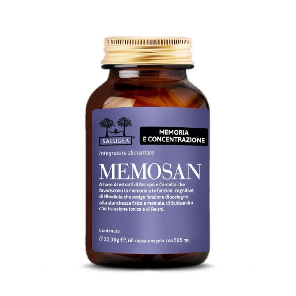 MEMOSAN Salugea - Integratore Naturale per la memoria e la concentrazione - Con Bacopa, Schisandra, Reishi, Rhodiola e Centella - 60 capsule vegetali - Flacone in vetro scuro farmaceutico