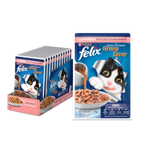 Image of Purina Felix Salmon Gravy Lover, Wet Adult Cat Food, Pack of 12 (12x70g) | With Salmon in Gravy, Tasty Meaty Chunks, 100% Complete & Balanced Nutrition, Vitamins D & E, Omega 6, Essential Minerals