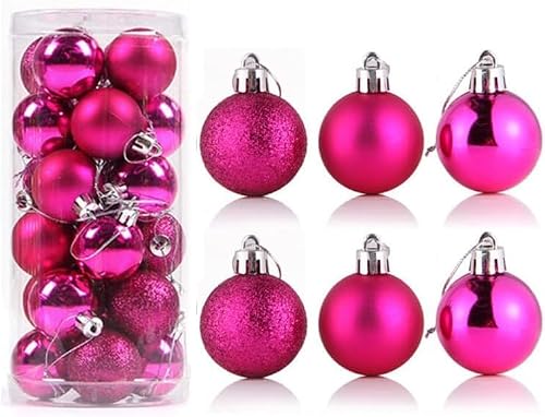 YYCRAFT 24ct Christmas Ball Ornaments 3CM for Xmas Tree Christmas Decorations Shatterproof Hooks Included (Hot Pink, XS)
