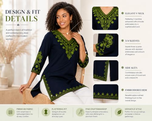 Image of Embroidered Chikankari Kurti with Kashmiri Aari Work, V-Neck, 3 /4 Sleeves, Rayon Fabric