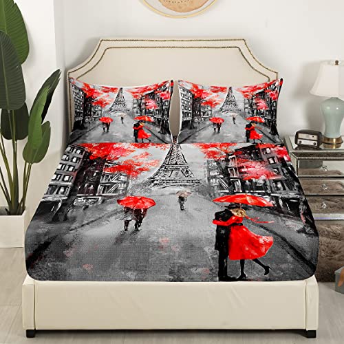 Red Paris Eiffel Tower Bed Sheets Queen Size, Paris Decor For Bedroom, French Style Couple Lover Flower Sheet For Girls Women Kids Fitted Sheet, Romantic Flat Sheet, 2 Pillowcases, Grey Black, 4Pcs #TOP3