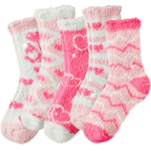 TEHOOK Valentines Gifts, Warm Fuzzy Cozy Fluffy Soft Socks, Pink Heart Socks for Valentines Basket Stuffers