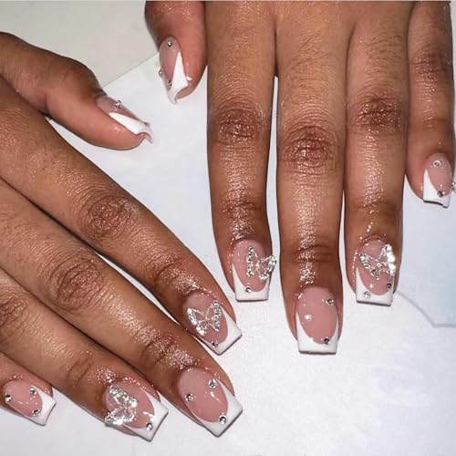 Sutaozhi 24Pcs Short Press On Nails Square Fake Nails With Butterfly Charms White French Tip Acrylic Nails Cute False Nails Nude Pink Full Cover Glue On Nails Extra Short Coffin Stick On Nails For Women Girls cover