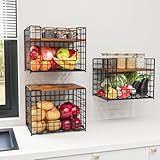 3 Pack Fruit Baskets for Kitchen with Adjustable Wood Lid, Wall Mounted & Counter Stackable Wire Baskets for Fruit/Potato/Onion/Vegetable Storage, XXL Hanging Kitchen Basket for Pantry Organization