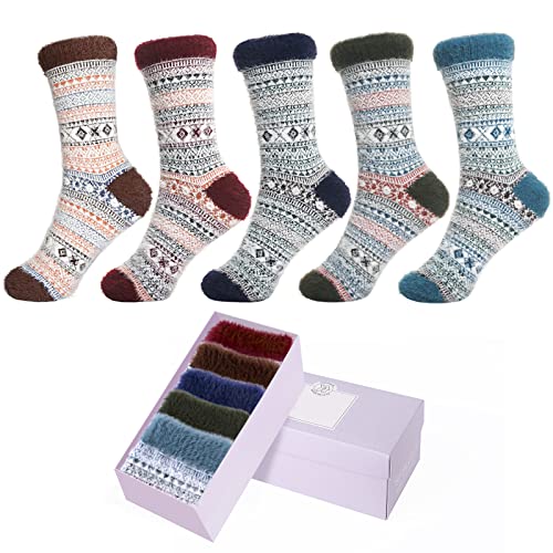 Image of ICEIVY Womens Socks 5 Pairs Wool Warm Cotton Thick Vintage Casual Winter Cabin Crew Fuzzy Socks Gifts For Women