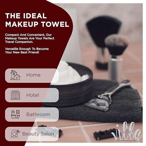 Image of Villa Celestia Black Makeup Remover Towels Set of 4, 100% Soft Cotton Reusable Luxury 4 Pcs Makeup Wipes for Face, Ideal for Salon, Bath, Hotel, Spa, Washcloths for Face Pack of 4 (12 inchX12 inch)