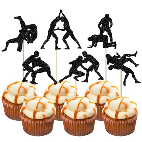Rsstarxi 24 Pack Wrestling Cupcake Topper Wrestling Party Decorations Glitter Wrestler Cupcake Picks...