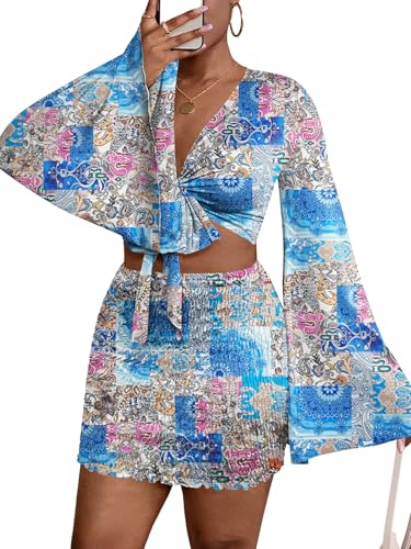 Image of LYANER Women 2 Piece Vacation Outfits Tie Knot Front Bell Long Sleeve Crop Top and Mini Skirt Summer Set