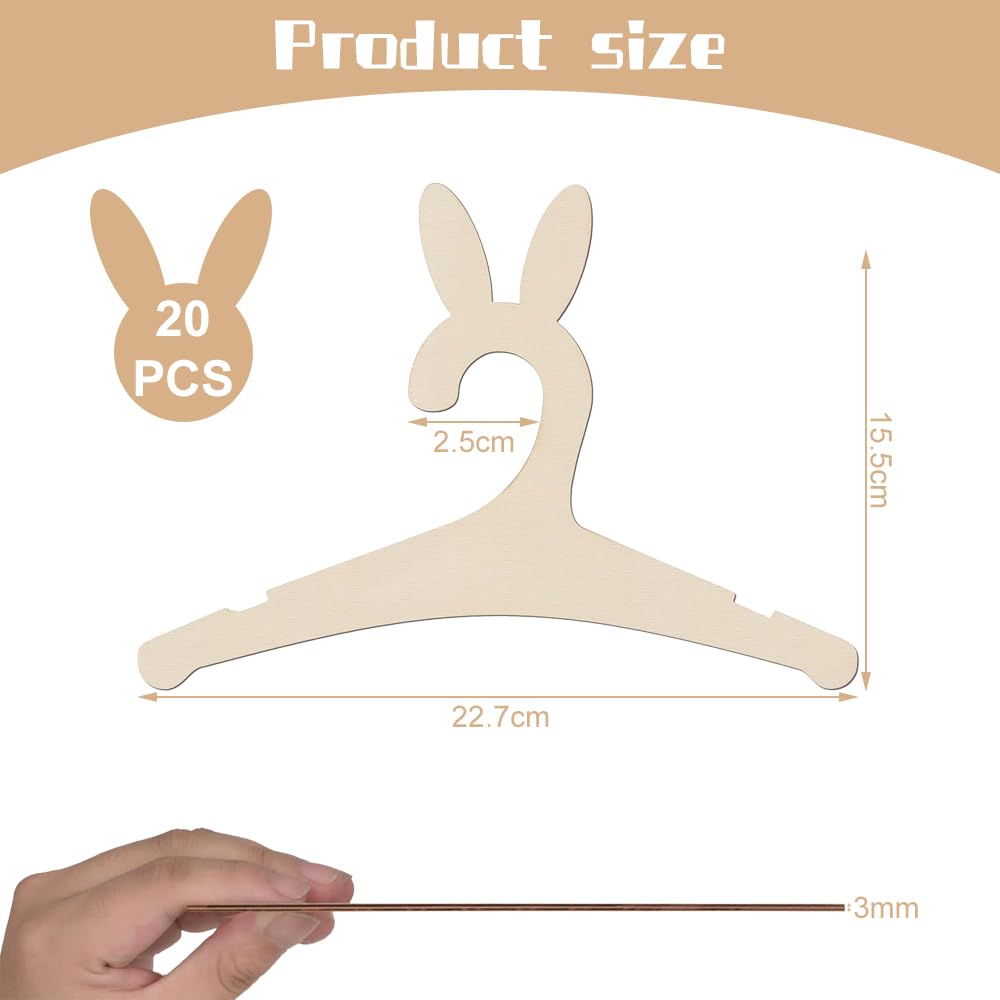 Grucce in legno per bambini, 20 grucce per bambini, per bambole, in legno, a forma di coniglio, design scanalato, per decorazione, per appendere vestiti (15,5 x 22,8 cm)