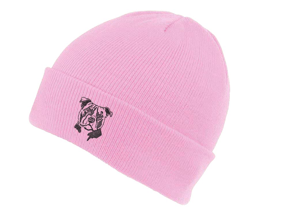 The House Of Dog: Staffy Staffordshire Bull Terrier Owner Gift. Classic Cuffed Unisex Beanie Ski Hat with Embroidered Design. Pink