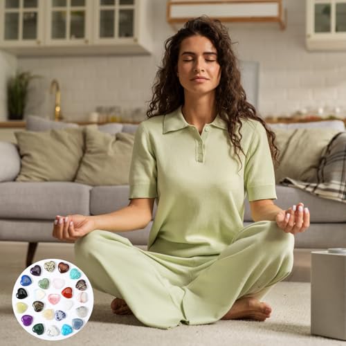 TIESOME 24 sztuki kamieni szlachetnych w kształcie serca, uzdrawiające kryształy, kolorowe kamienie szczęścia, zestaw dla miłośników Reiki Healing, naturalne kolorowe kryształy, do medytacji
