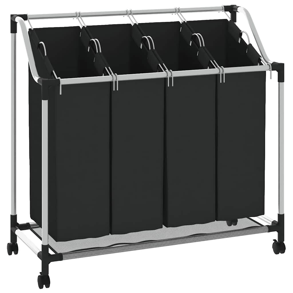 4 Fächer Schwarz Wäschesortierer mit Stahlrahmen und Rädern, Wäschesammler für Wäscherei, Hauswirtschaftsraum und Schrank, 4 getrennte Beutel zur Wäschetrennung, robust