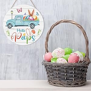 FWIEXA Easter Decoration Hello Peeps Wood Sign Plaque12x 12 Happy Easter Truck with Easter Eggs Decor Cute Bunny Easter Themed Wooden Hanging Sign for Front Door Yard Easter Gift