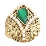 STORE INDYA Bohemian Antique Finish Indian Ethnic Kundan White Pearl and Green Stone studed Finger Ring for women