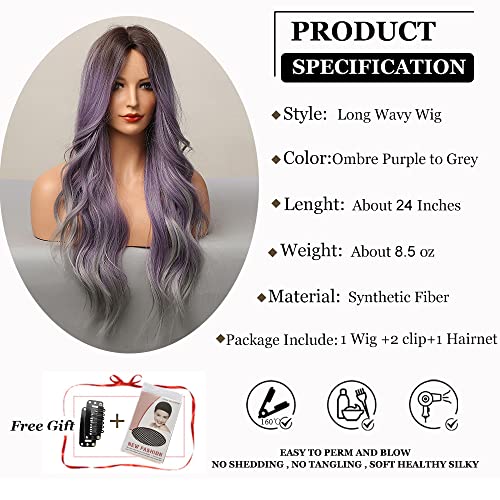 Esmee 24 Inches Ombre Purple to Grey Wigs for Women Synthetic Heat Resistant Fiber Natural Long Wave Wigs for Daily Party Cosplay Wear - Image 2
