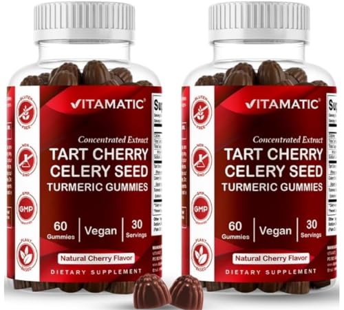 Vitamatic 2 Pack Tart Cherry with Celery Seed Gummies - 2400 mg Serving - Powerful Uric Acid Cleanse for Joint Comfort Healthy Sleep Cycles & Muscle Recovery