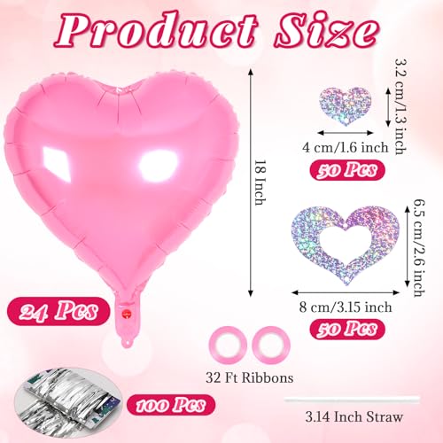 Image of 24 Pcs Pink Heart Balloons, 100 Pcs Heart Hanging Streamers, 18 Inch Heart Foil Balloons Valentine's Day Balloon Love Balloon for Valentines Day Proposal Wedding Party Decorations