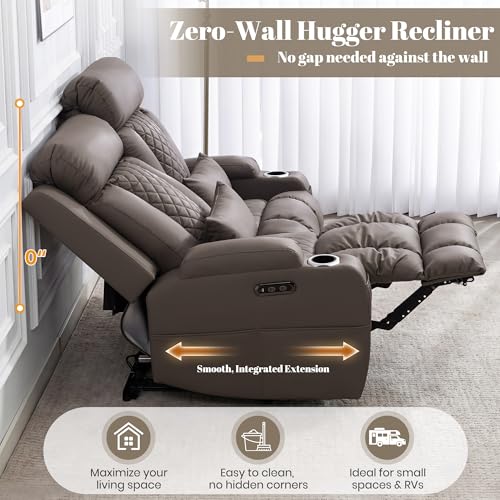 Image of Zero Wall Hugger Power Reclining Loveseat with Adjustable Headrest, Power Loveseat Recliner Sofa with USB&Type-C Ports, Wall Hugger Reclining Loveseat for Living Room (PU Brown, 2 Seater) | Cat-Proof Leather