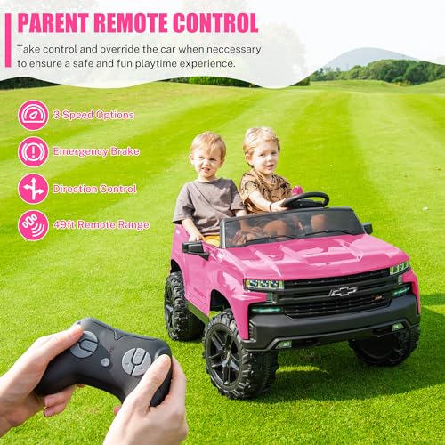 Image of ENYOPRO 24V 2 Seater Ride On Truck Car, Compatible for Chevrolet Silverado Battery Powered Electric Car for Kids w /Remote Control, Metal Suspension, Soft Start, FM /Bluetooth /Music, LED Lights, Pink