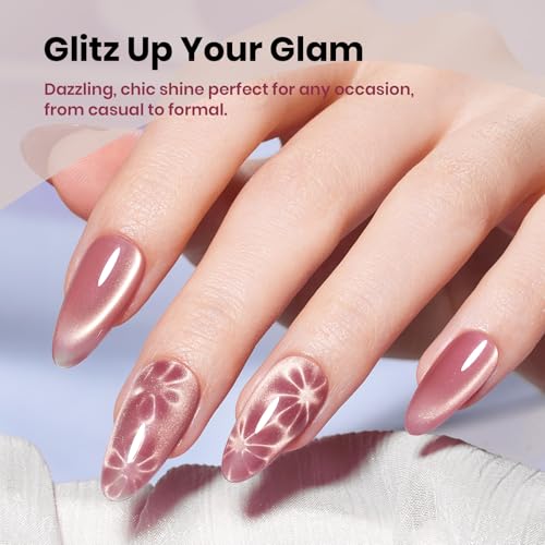 Image of Beetles Sunlit Champagne Pink Cat Eye Gel Nail Polish - 15ML's Day Pink Cat Eye with Gold Powder Magnetic Glitter Gel Polish Glass Effect Soak Off UV DIY Nail Art Gift for Women
