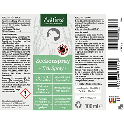 AniForte Zeckenspray für Hunde 100ml - Zeckenschutz gegen Zecken & Parasiten, Zeckenmittel für Hunde, Anti Zecken Spray, Anti-Zecken Mittel, Insektenspray & Insektenschutz, Zeckenschutz Hund