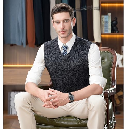 Men’s Cable Knit Sweater Vest 100% Wool V-Neck Sleeveless Knitted Pullover for Fall Winter4