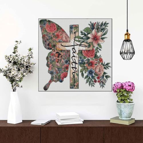 Image of Butterfly Flower Stamped Cross Stitch Kits Cross Stitch Patterns,Religious Cross Dimensions Cross Stitch Kits Embroidery Kit Arts and Crafts for Beginners 13.7x13.7 inch