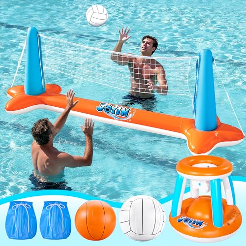 Image of JOYIN Pool Toys Games Set-Inflatable Pool Float Set Volleyball Net & Basketball Hoops, 2 in1 Floating Swimming Game Toy, Volleyball Swimming Pool Game for Kids and Adults, Backyard Beach Summer Toys