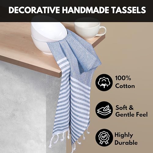 Image of Turkish Kitchen Towels 18x26 Inches with Tassels - 4 Pack - Absorbent, Durable, Soft 100% Cotton Dish Towels for Drying & Cleaning - Machine Washable, Quick Dry - Indigo Blue