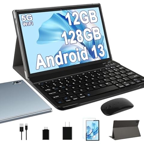 Oangcc Android 13 Tablet 10 Inch 2025 with 12GB(6+6 Expand)+128GB Keyboard Mouse Wi-Fi Blue/Tooth GPS 512GB Expand Support, Dual Camera Computer Tablets with Case - Grayish Blue Cover