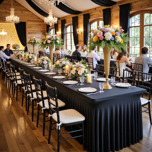 Image of Outpain Black Spandex Tablecloth for 8 Foot Rectangle Tables, 6 Pack Black Wrinkle Free Fitted Table Cloths 8ft Stretchy Banquet Table Clothes Cover Desk Skirt for Birthday Wedding Parties Baby Shower