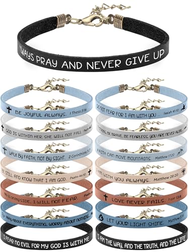 Image of Sureio 15 Pcs Christian Gift Bracelets for Women Men Inspirational Leather Religious Bible Verse God Faith Scripture Bracelet
