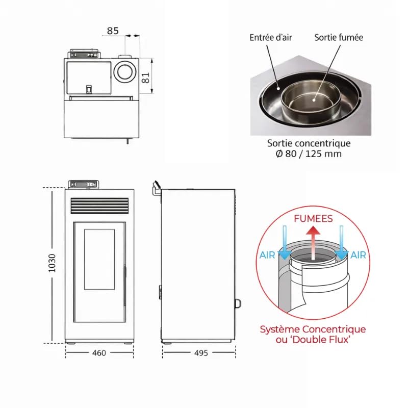 Pack Poêle à granules MARINA 11 Etanche Concentrique + Kit Conduit Ventouse - Blanc