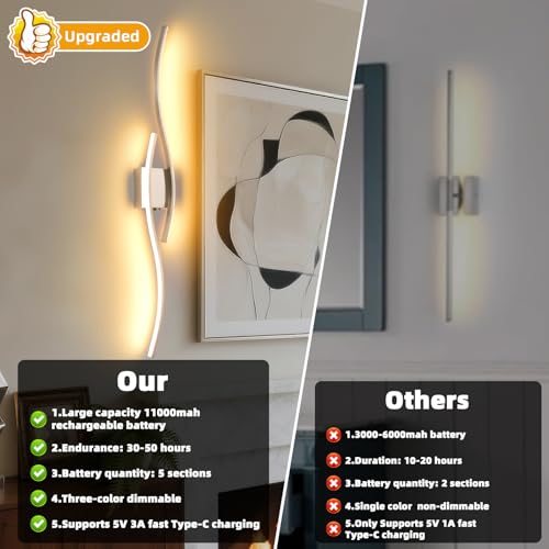 Image of Battery Powered Wall Sconces Set of 2, Nickel 39 inch LED Dimmable Wall Sconce with Remote Control /Timer /Memory, USB Rechargeable Wall lights for Living Room, Bedroom, Hallway Wireless scones lighting