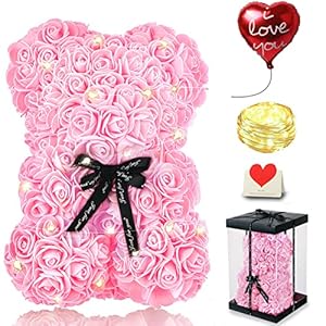 Cadeau voor Moederdag, beer met rozen voor haar, teddybeer met rozen en verlichting, schattige romantische cadeaus voor moeder, oma, met transparante geschenkdoos en liefdeskaart