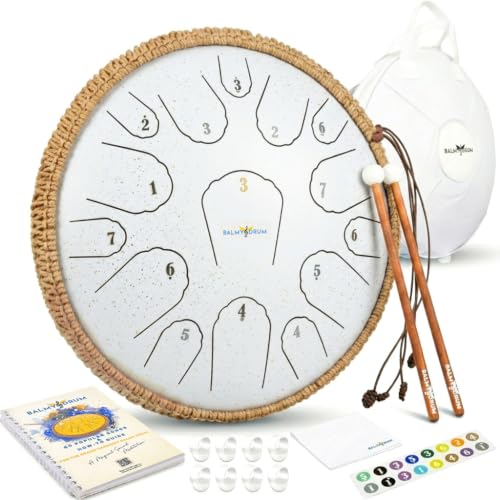 Balmy Drum Steel Tongue Drum 14 inch 15 Notes 440Hz Handpan Drum with Music Book Mallets Carry Bag Finger Picks Rain Drum for Outdoor Meditation Yoga Calming Instruments for Adults Kids (White)