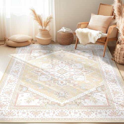 BESTSWEETIE Area Rugs 5×7 Rug for Living Room, Washable Rug 5×7, Non Slip Water Repellent Floor Carpet, Low Pile Soft Vintage Rug for Bedroom Dining Room Indoor-Cream/Light Yellow/Brown/Blue/Red/Pink