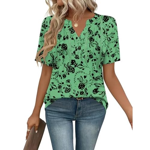 Rapbin Short Sleeve Shirts for Women Pleated V Neck Lace Blouses Dressy Casual Elegant Tops Loose peasant Summer T-Shirts Green Black X-Large