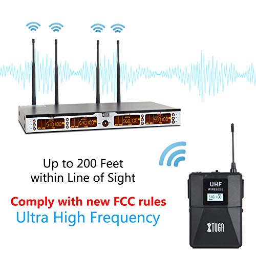 XTUGA SKM4000PLUS 4 x100 Channel UHF Wireless Bodypack Microphone System with Selectable Frequencies Prevent Interference, Use for Family Party, Church, Small Karaoke Night (Range:200-320Ft)