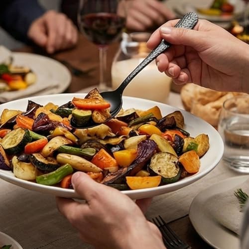 Image of 8.1 inch Hammered Charcoal Black Silverware Dinner Spoons | 5-Piece Premium Stainless Steel Flatware Set | Dishwasher Safe Cutlery Set for Home, Restaurant & Gifting