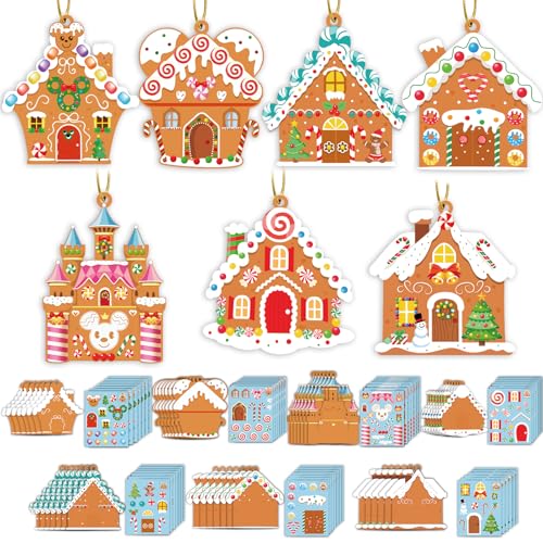 GuassLee Christmas Ornaments Art and Crafts for Kids - 28pcs DIY Christmas Gingerbread House Cutouts with Christmas Lollipop Candy Cane Stickers for Xmas Tree Home Party Favors Classroom Art Activity
