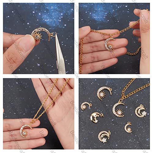Beebeecraft 8Pcs 4 Style 18K Gold Plated Moon Charms With Cubic Zirconia Sun And Star Dangle Pendants With Jump Ring For Diy Necklace Earrings #TOP3