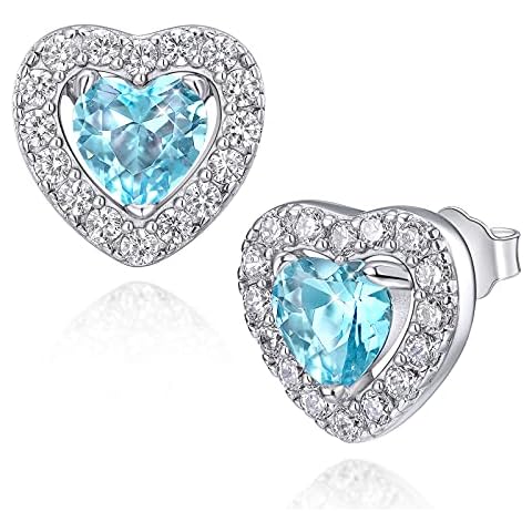 SIMPLGIRL 925 Sterling Silver Birthstone Heart Earrings for Women Girls, March Birthstone Earrings with Cubic Zirconia Birthday Anniversaries Jewellery Gifts Cover